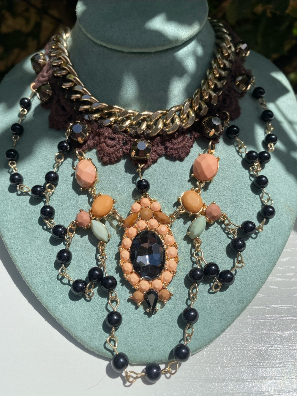 Mixed Media Gold Tone Crochet Lace Beaded Bib Statement Necklace
